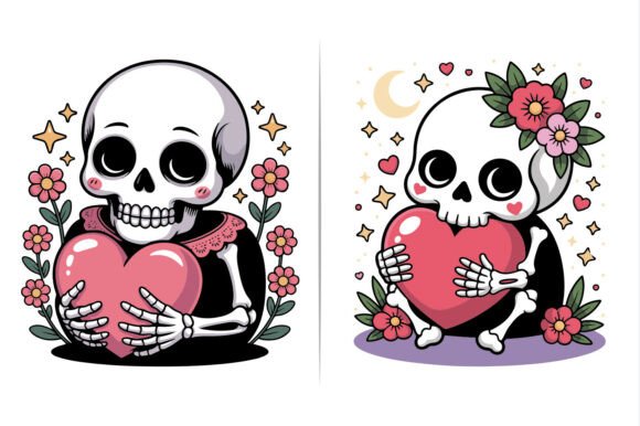 Cute Skull Holding a Heart Kawaii Style Graphics